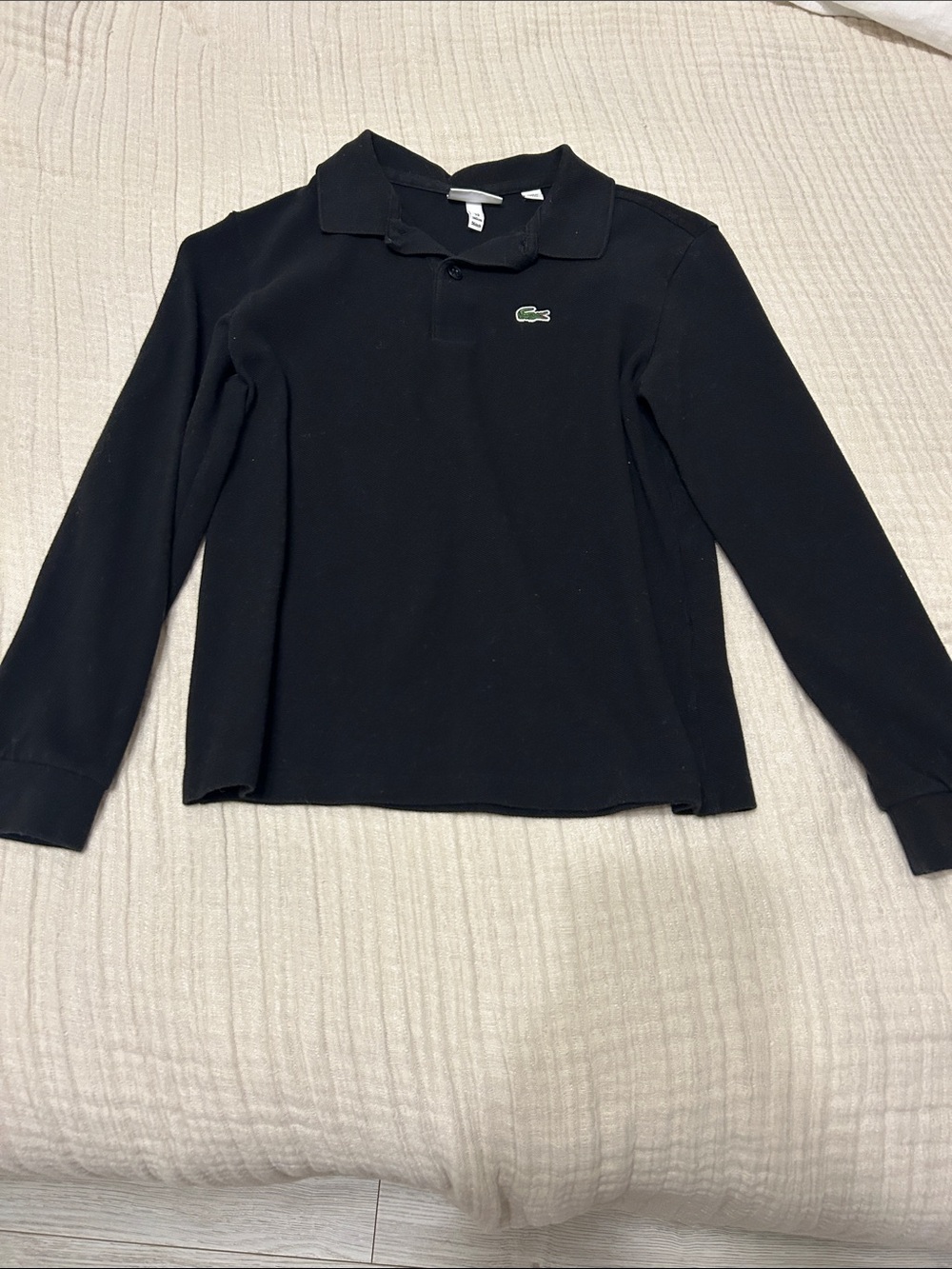 Lacoste Kids Black Long-Sleeve Polo with Green Crocodile Logo